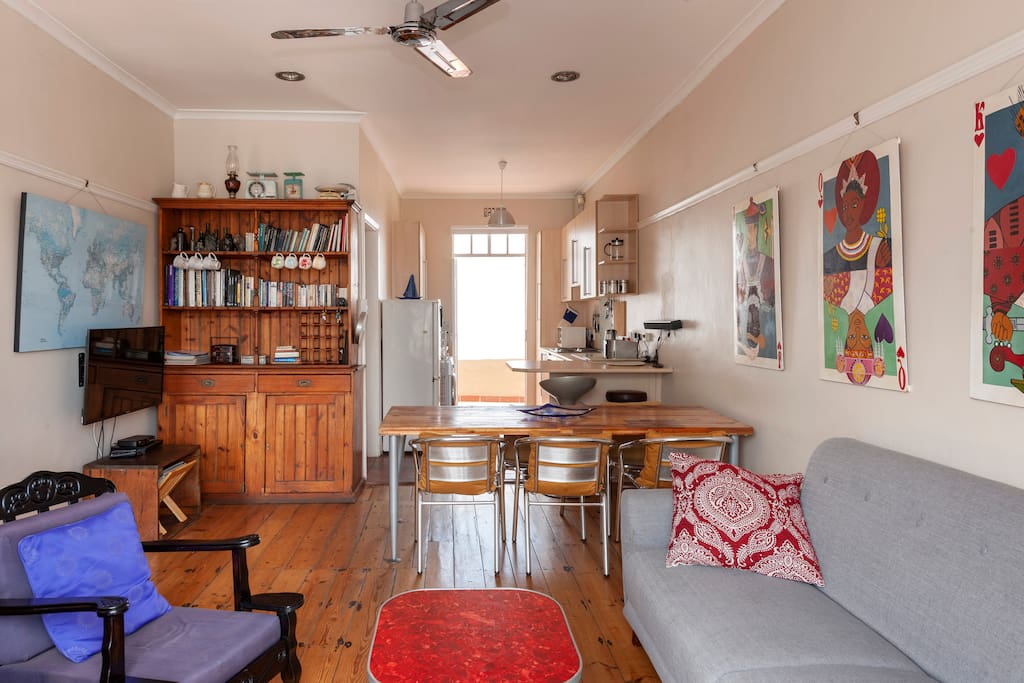 The view from the lounge area towards the kitchenette and back door of the apartment.