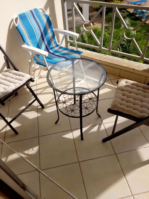 The balcony facing the pool