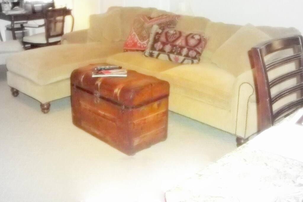 super comfortable and long, great to sleep on if needed. 50" Sony across from it sofa