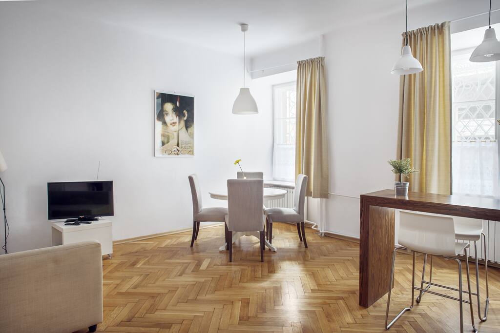 Living area with dining table and a comfortable sofa-bed.