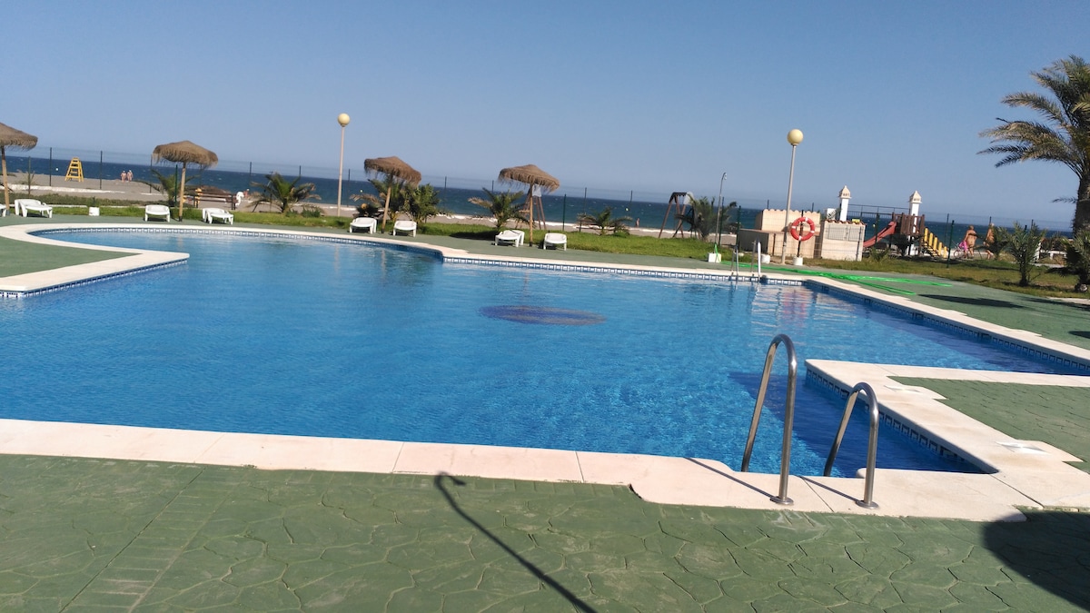 A large swimming pool is visible, surrounded by a smooth deck. Lounge chairs are positioned around the pool, with beach umbrellas providing shade. In the distance, the ocean can be seen, complemented by palm trees and a grassy area, enhancing the outdoor space.