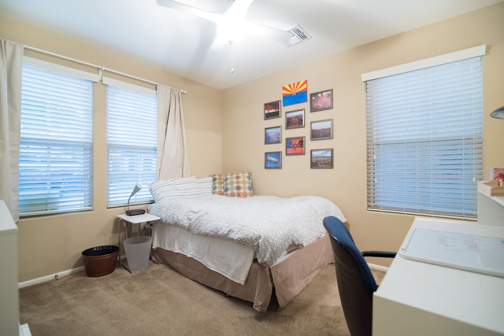 The room has plenty of natural lighting, but you can totally close the blinds and curtains for privacy.