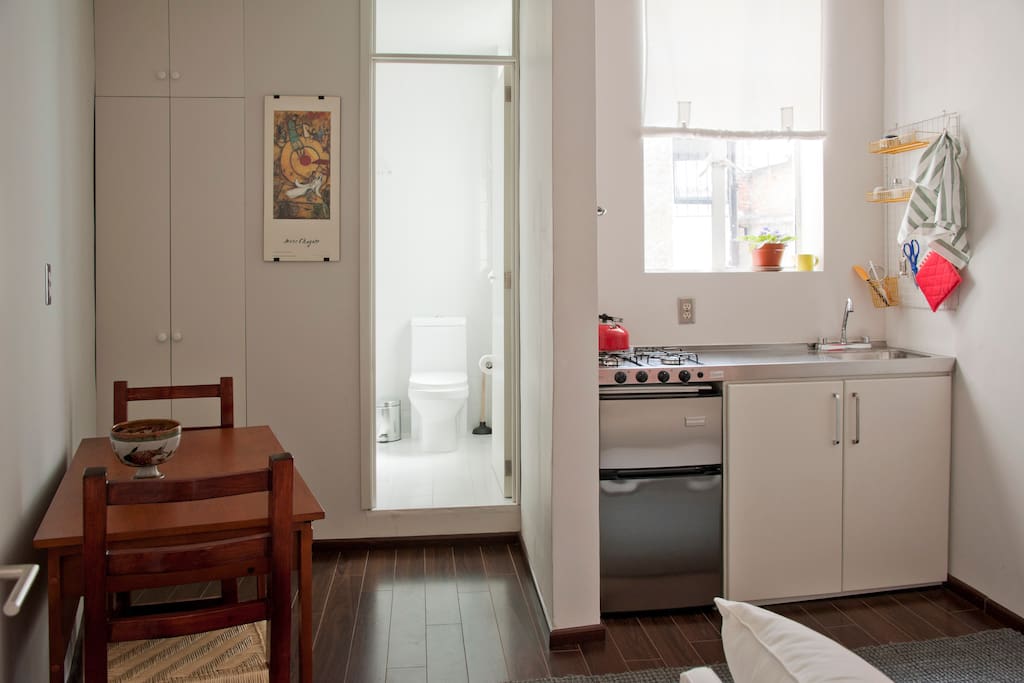 View from entrance door: kitchen, table, closet, bathroom