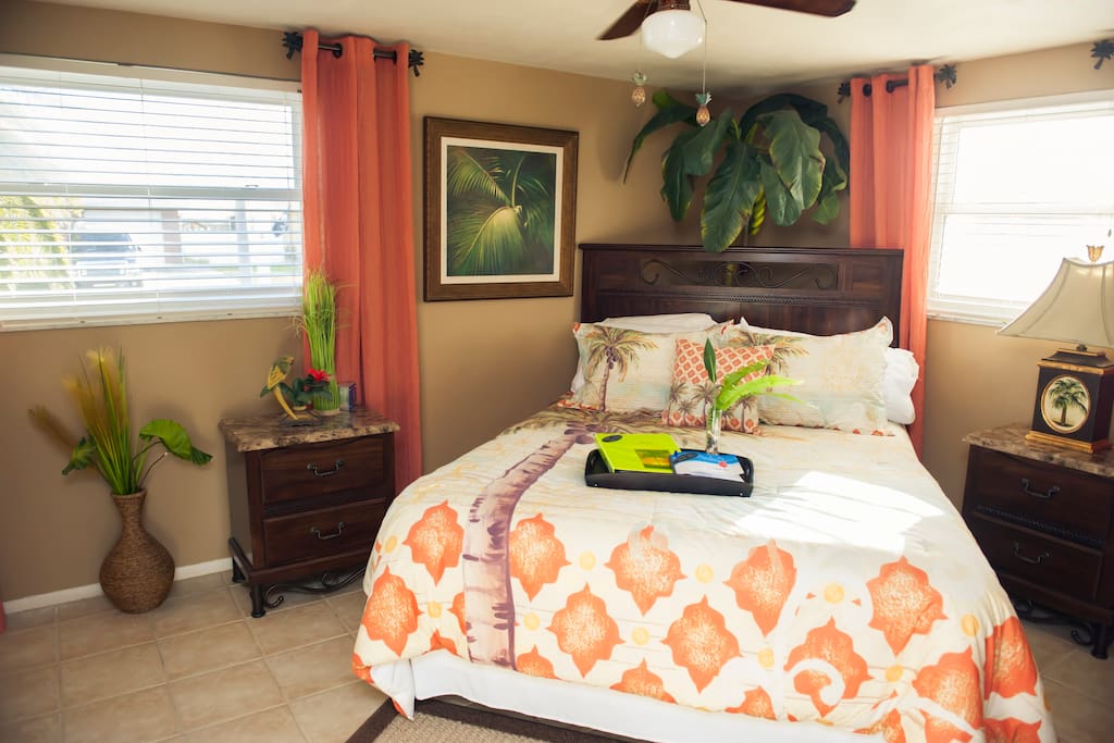 Relax in this private tropical inspired room with walk-in closet and all the amenities, mini frig, microwave, coffee pot and complementary beverage and snacks.