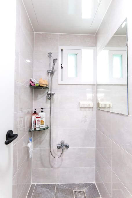 Shower room-shampoo, hair dryer, hair conditioner,shower gel, toothpaste