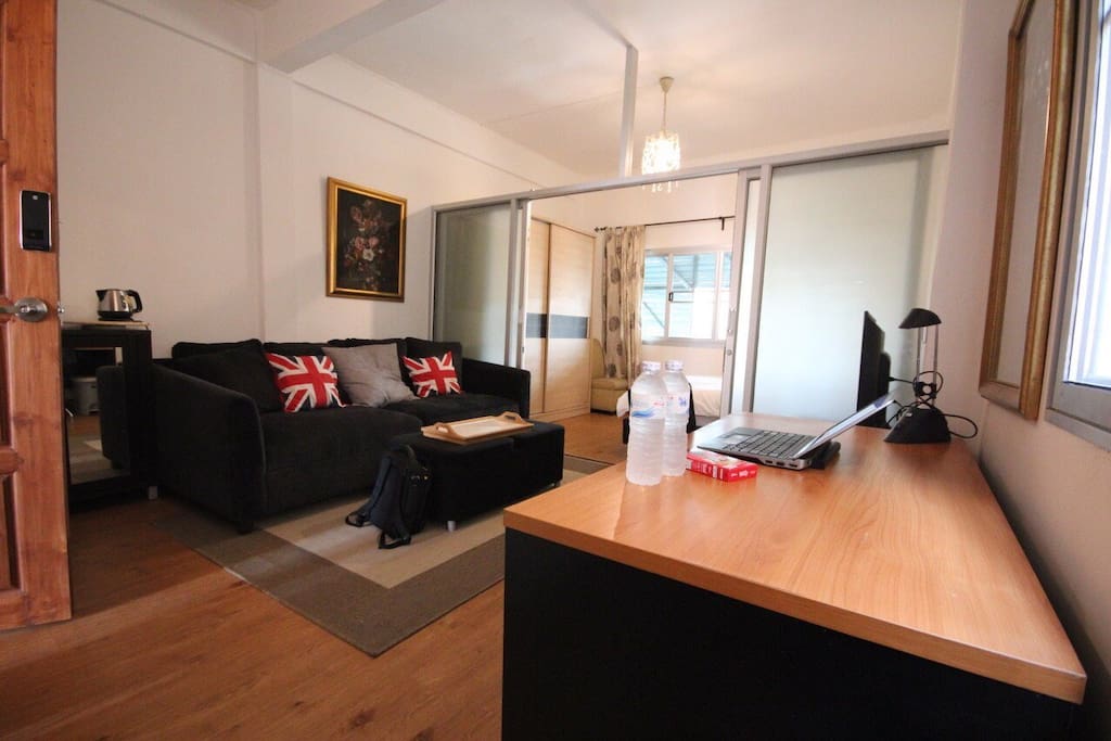Large couch and work desk