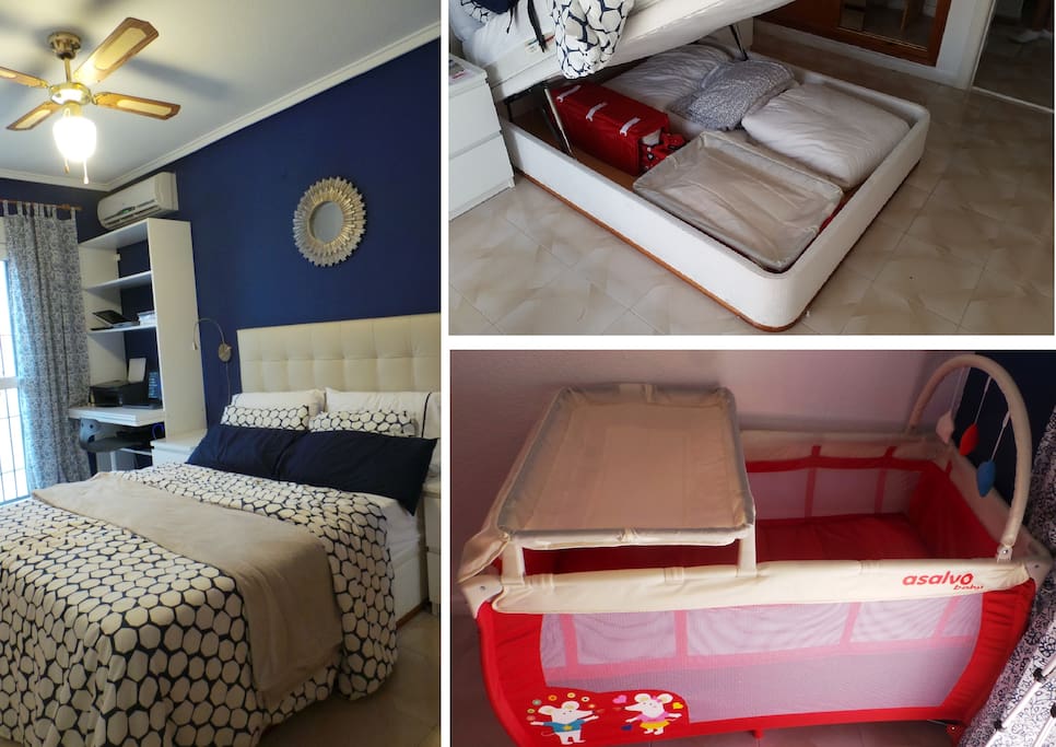 The bedroom is provided with fan and air con. Storage inside the bed with baby bed/blankets/covers