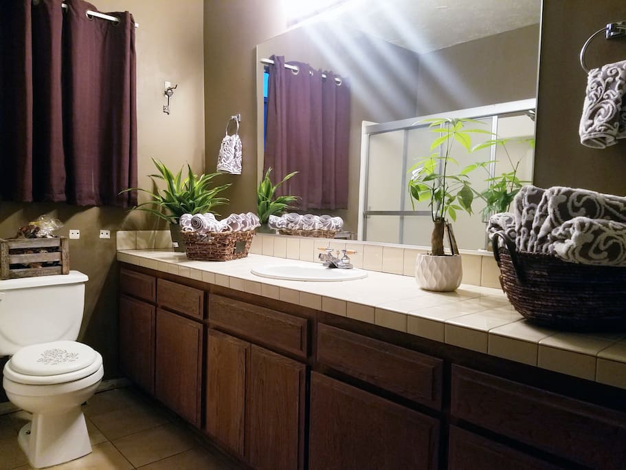 Your own Private bathroom with a Super-wide counter top and nice Floral Design.