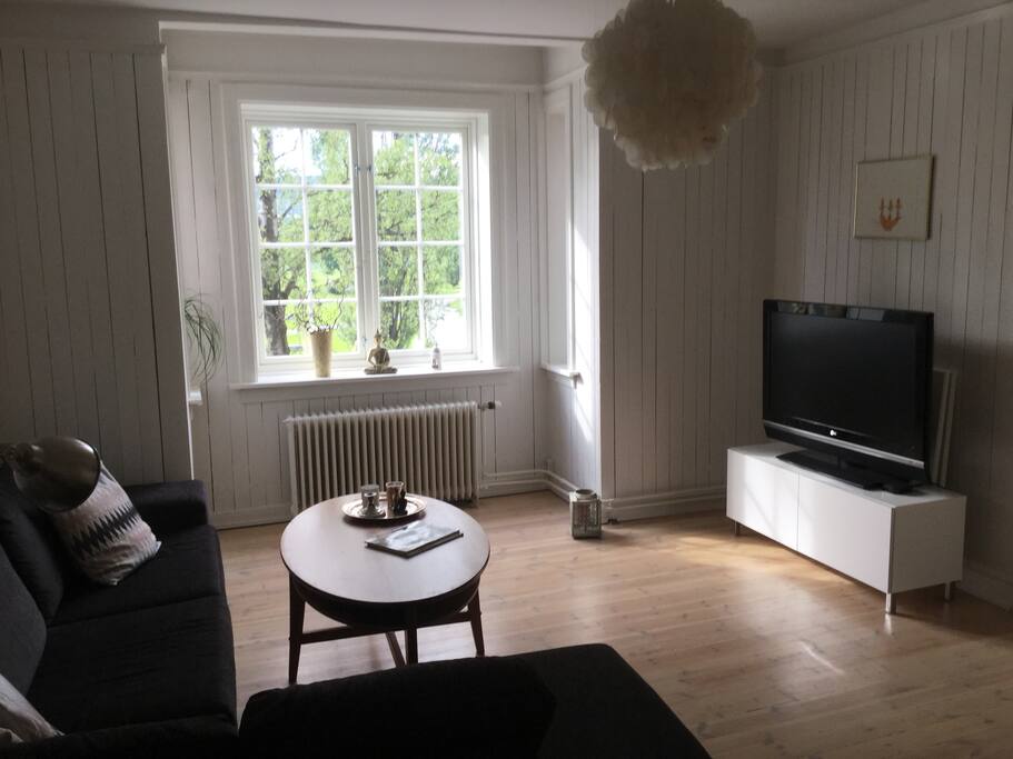 Living room area with big screen TV and Apple TV