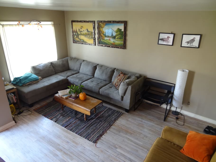 Comfy couch, plenty of seating for friends and internet access