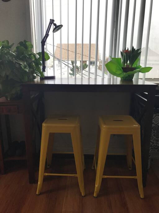 This is our work or dinner station. Enjoy this Northwest view of Santa Monica and the Topanga Mountains while you have a meal or work from your laptop to handle needed business.
