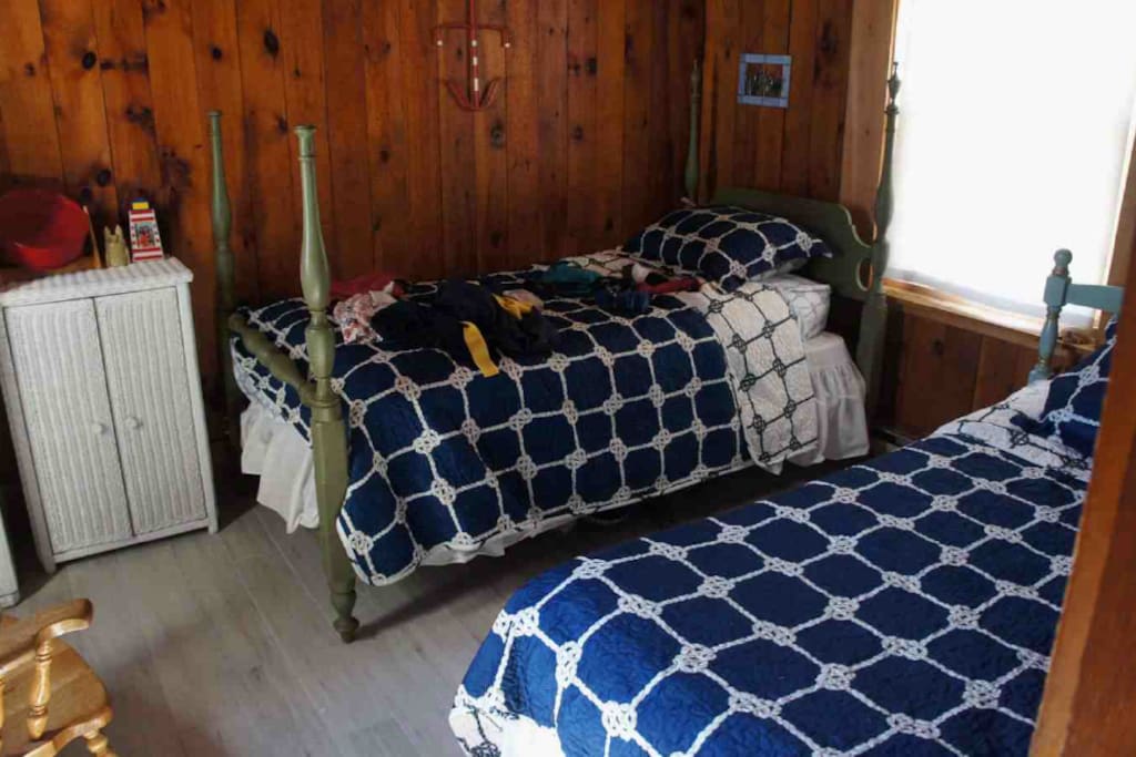 Downstairs bedroom with two twin beds and closet