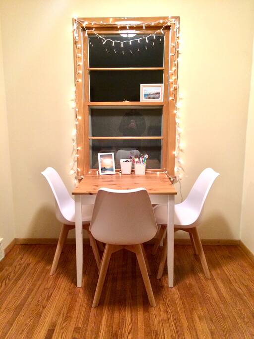 Dining table with extra chair available.