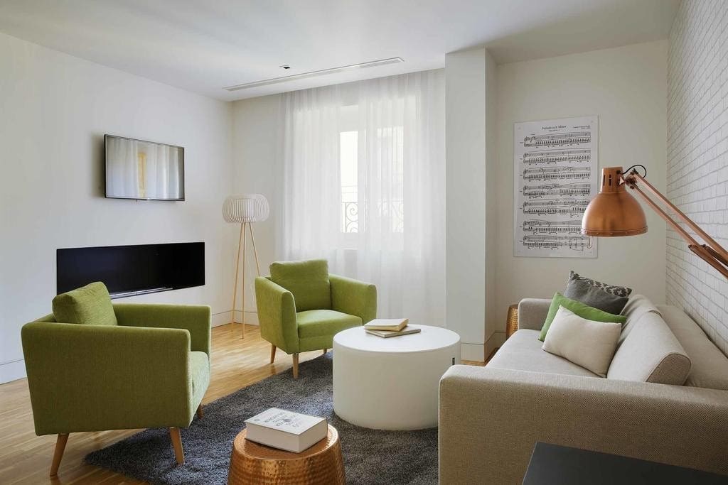 The living area may be furnished in a number of different ways, but it will be equipped with a double sofa bed.