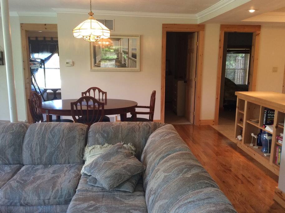 You can see the layout of the open concept living space and the three doors to bedrooms.