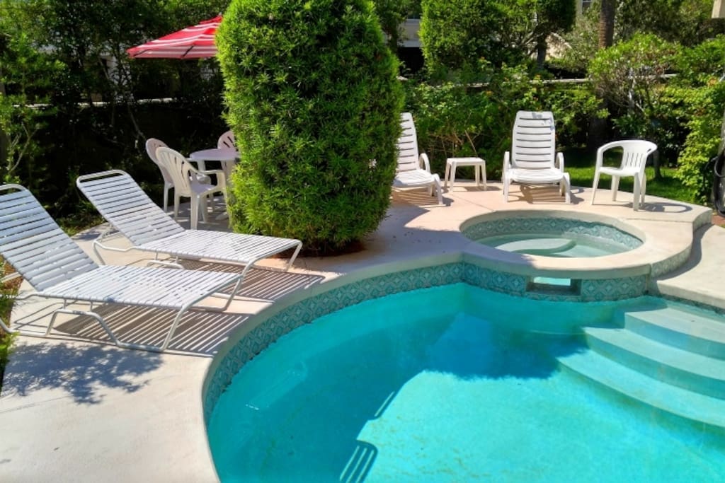 Your very own private pool with deck area equipped with table, chair and lounges