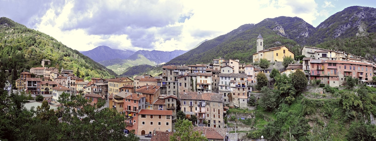 A panoramic view of a charming village nestled in a valley. The image captures buildings with varied colors and styles, set against a backdrop of lush, green mountains. Rolling hills and a cloudy sky provide a serene atmosphere, enhancing the village's natural beauty.