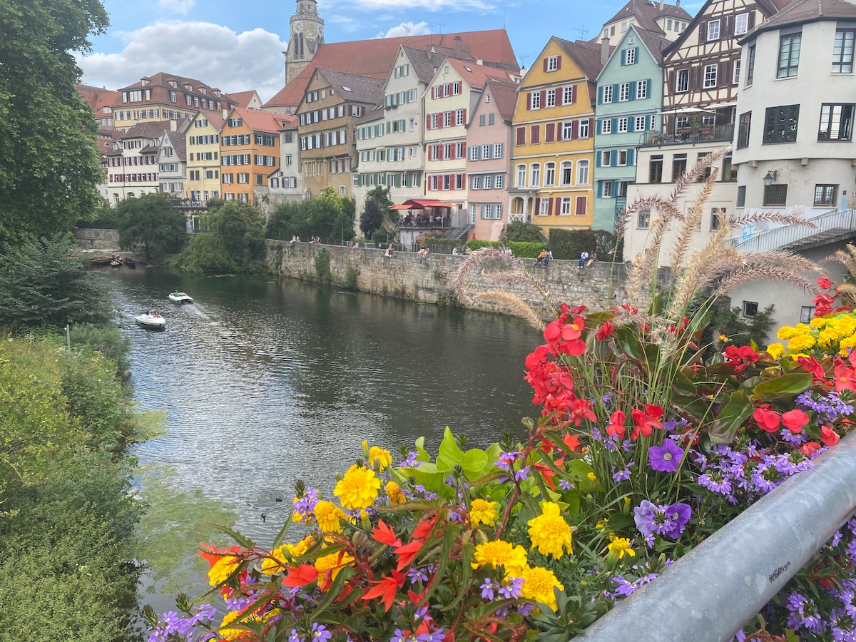 A vibrant view of Tübingen's colorful buildings lining the riverbank, featuring various pastel hues. Lush greenery and a flower-laden railing enhance the scene, while small boats float on the water, reflecting the charm of the area.