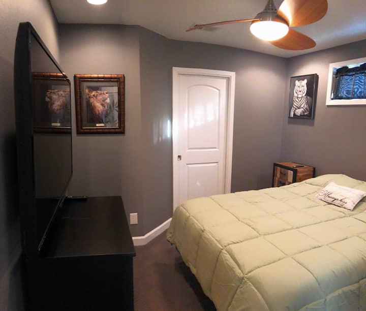 חדר שינה עם מיטת קווין סייז, חדר ארונות, טלוויזיה, שידת לילה ושידה.