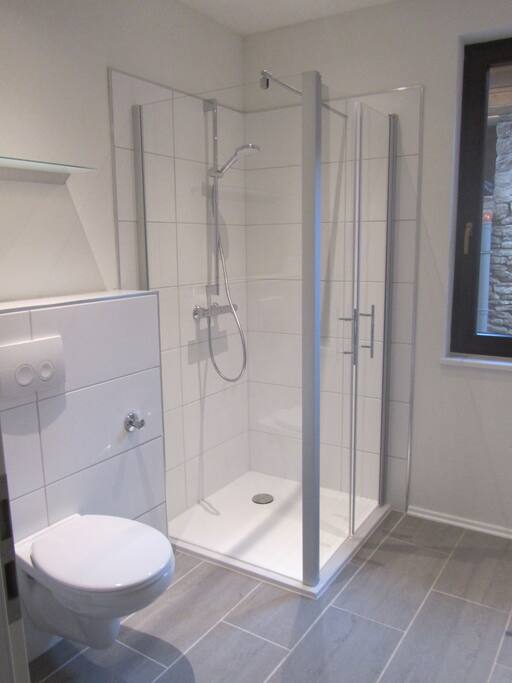 Bad, mit Waschbecken, Dusche und Toilette.