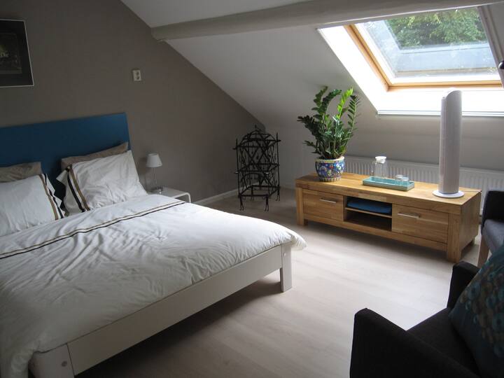 De sfeer van onze tweepersoonskamer met aangrenzende badkamer. 