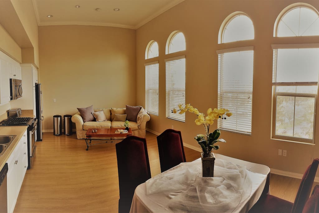 The lounge has 15 foot ceilings and lots of sunlight in the huge windows!