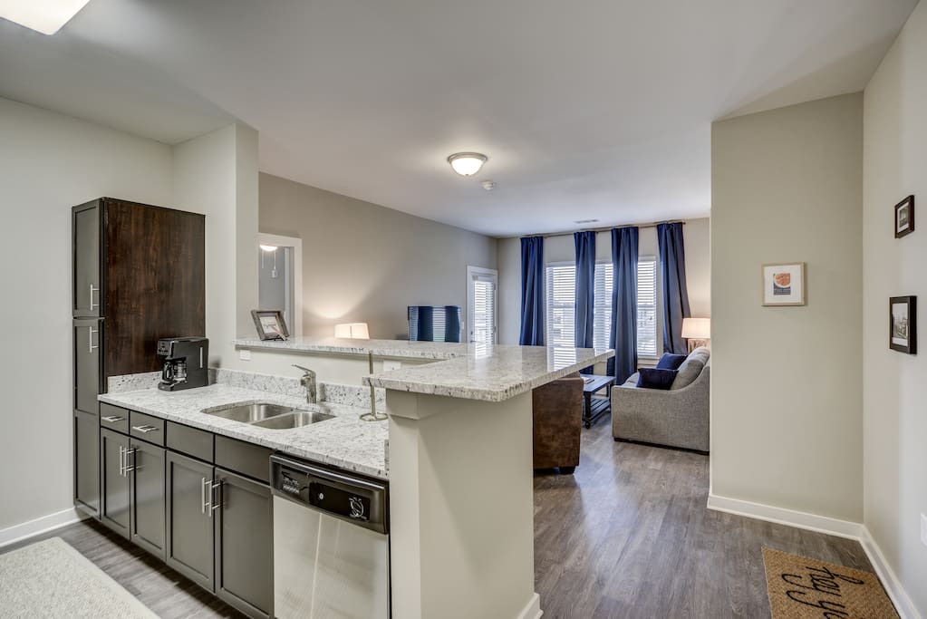 Kitchen and view of living room