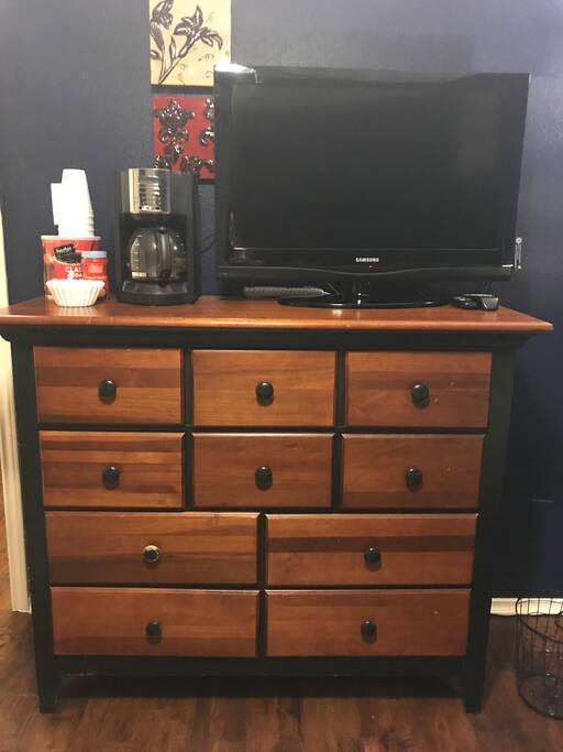Guest bedroom offers a full size bed, empty dresser, mostly empty closet, TV with Netflix/Hulu/Amazon, mini-fridge, coffee maker and microwave.