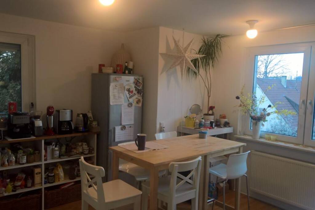 Große Wohn-/Essküche mit 2 Kühlschränken, Gefrierfach, Backofen, Spülmaschine