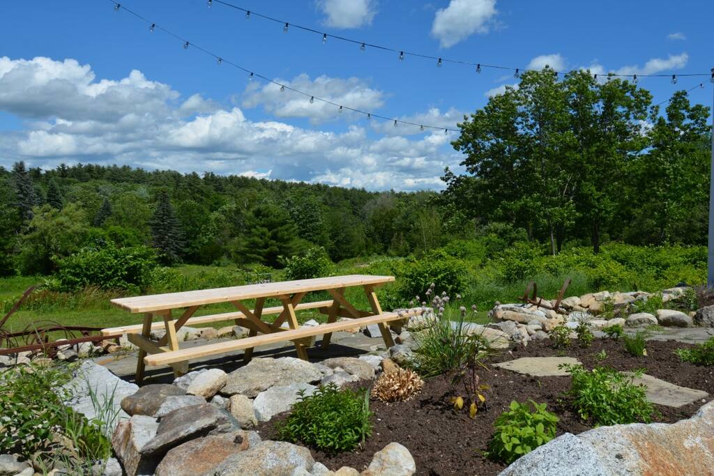 Patio off kitchen looking over field