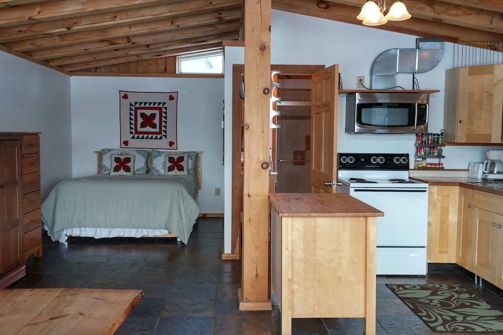 kitchen and sleeping area