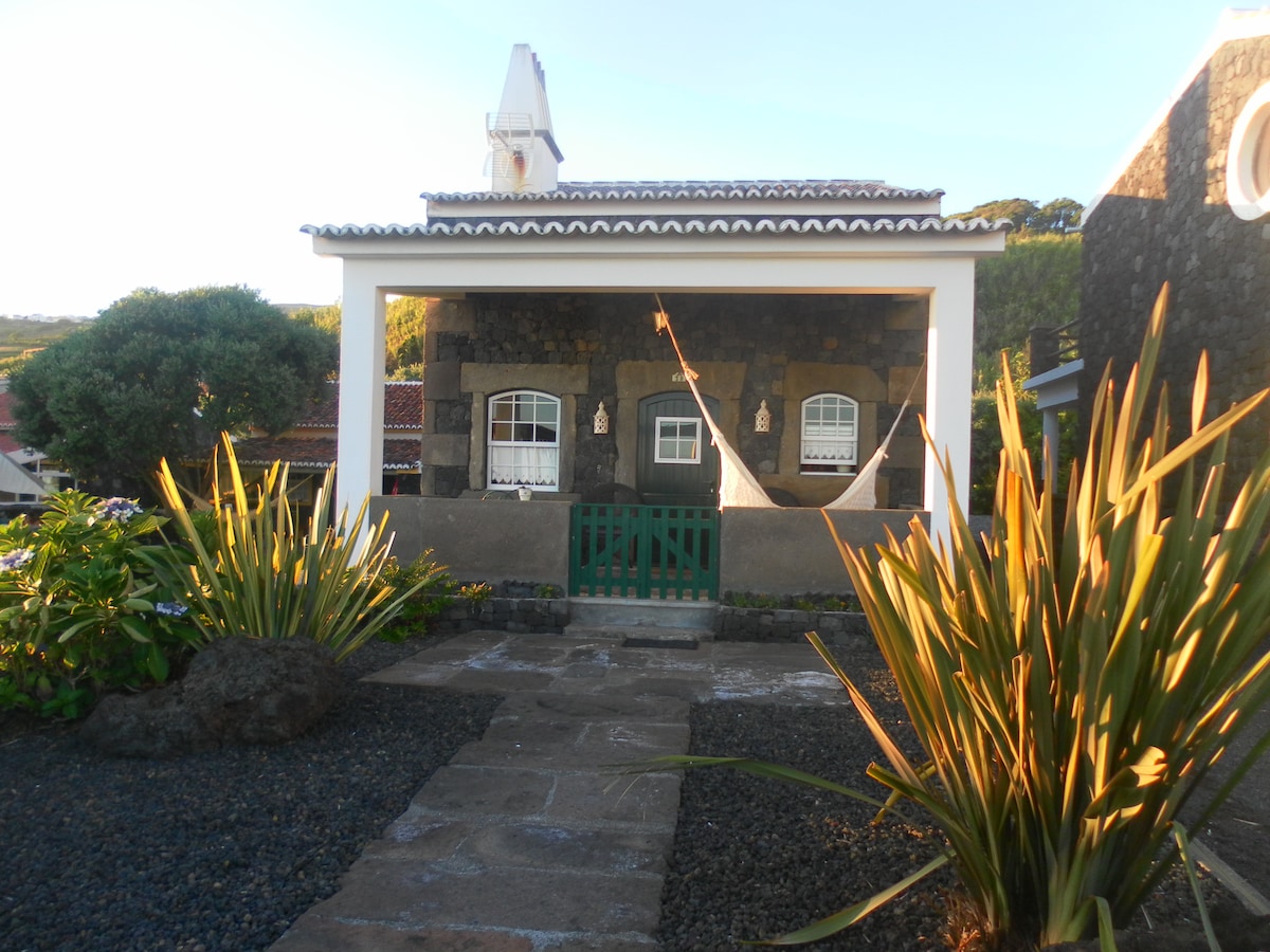 A charming stone house is set against a clear sky. The entrance is framed by an inviting green door and adorned with two white, paned windows. A landscaped path leads to the house, bordered by vibrant greenery and volcanic rocks.