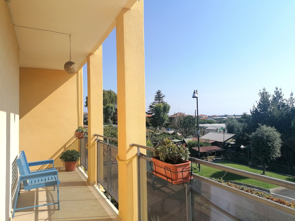 A sunlit terrace presents a bright yellow wall and modern blue seating. Potted plants are displayed along the railing, providing a touch of greenery. The open view shows lush landscapes, with trees and distant structures visible under clear skies.