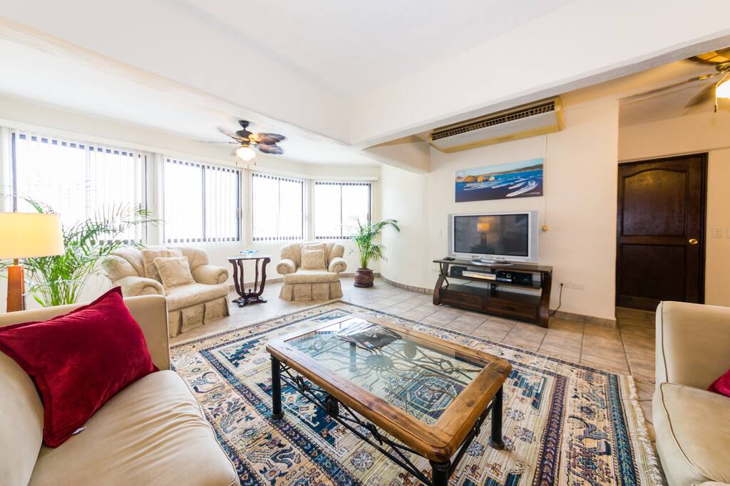 The space is bright and airy. The large living area is comfortable for several.