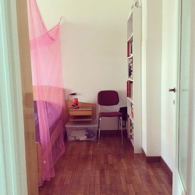 entrance to the bedroom with the particular pink mosquito net over the bed
