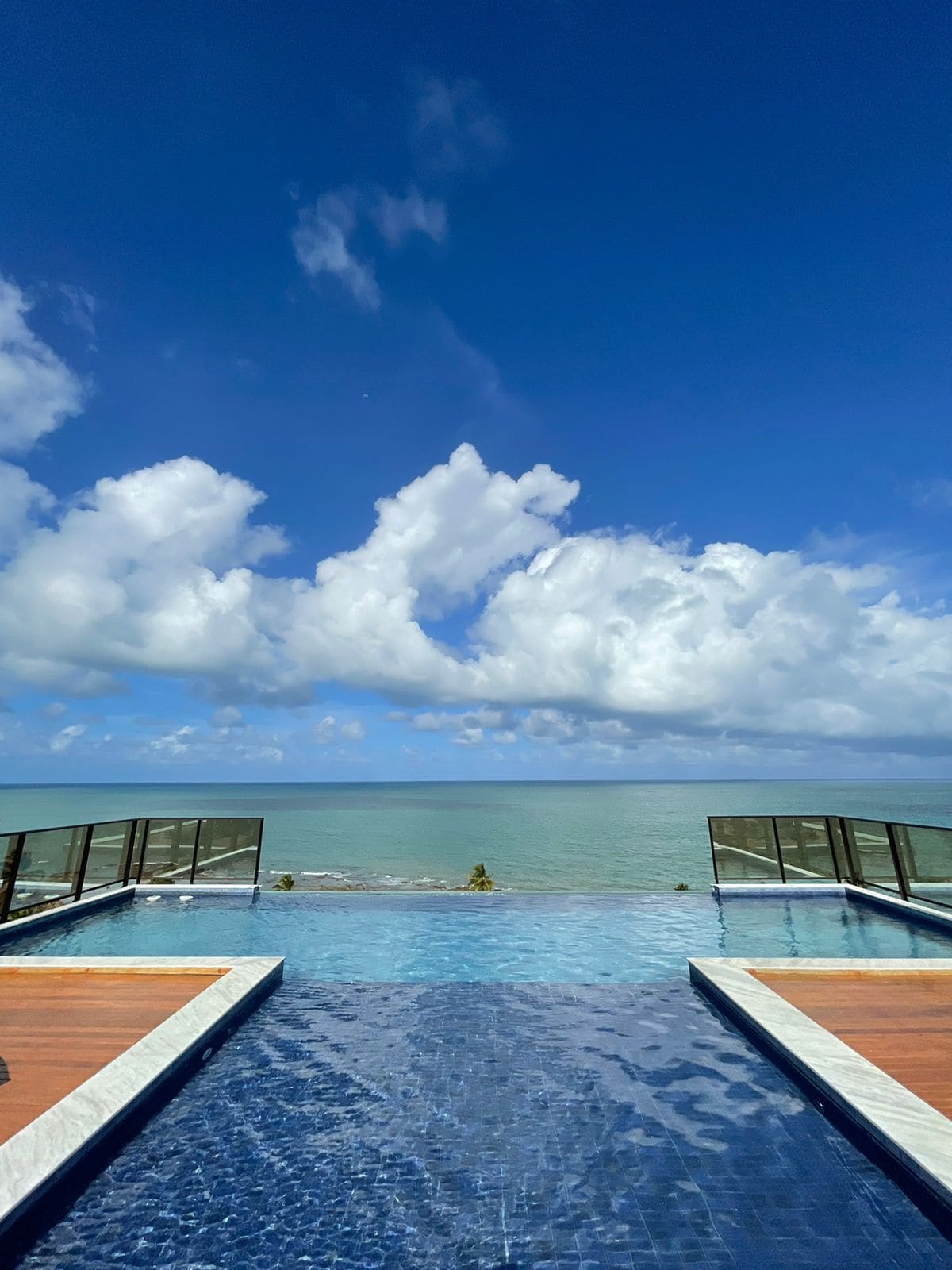 An infinity pool extends towards the ocean, showcasing a seamless transition between water and sea. Surrounding lounge areas are bordered by glass railings, surrounded by a bright blue sky adorned with soft, fluffy clouds.