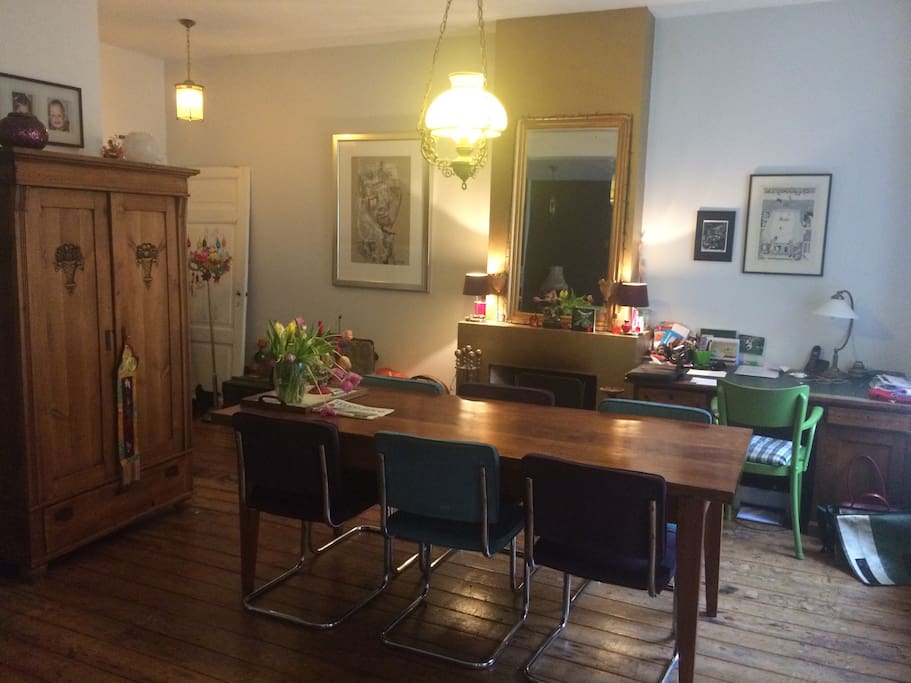 dining table and fire place