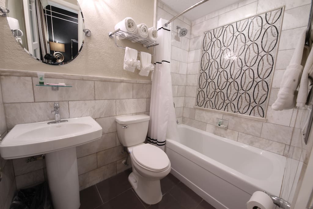 Upscale modern bathroom with shower / tub combination