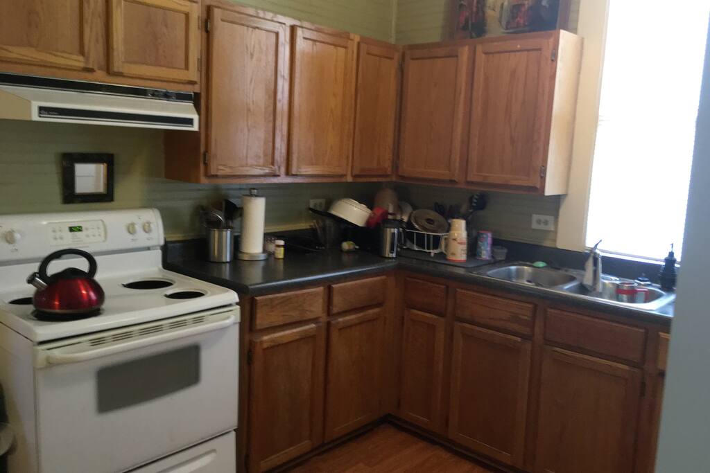 Full kitchen. Oven is currently sick, though.