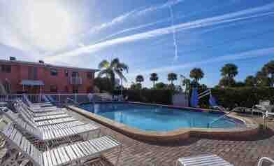 A tranquil outdoor pool area is surrounded by lounge chairs, inviting relaxation. Lush palm trees frame the space, and a clear blue sky with wispy clouds creates a peaceful atmosphere. The pool's water reflects the sunlight, enhancing the inviting setting.