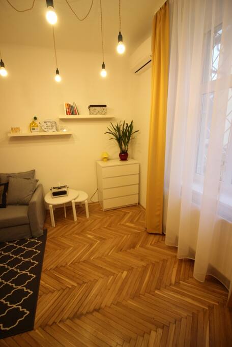 Living room: sunny and bright, with blackout curtains