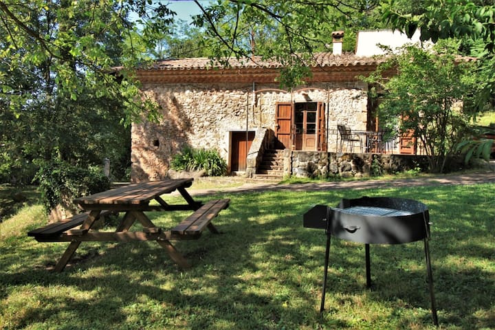 Preciosa casa de piedra rodeada de bosque