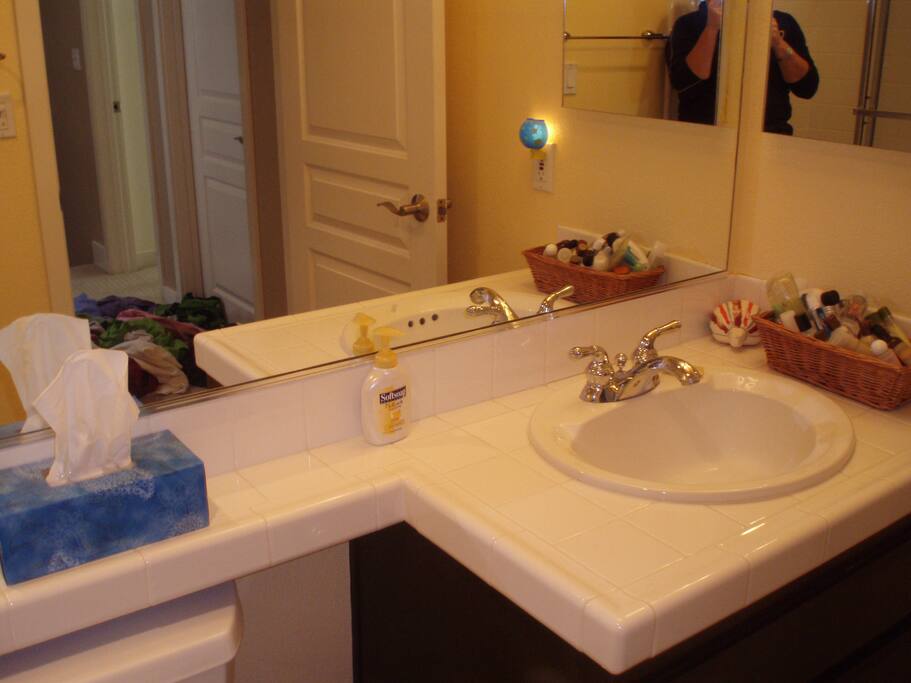 Tiled sink and countertop in guest bathroom.