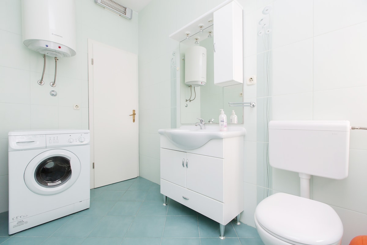 A clean and modern bathroom is depicted, featuring a washing machine, a white sink with a vanity, and a toilet. Pale green tiles adorn the walls, while the floor is finished in light blue. Natural light is welcomed through an unobtrusive door.