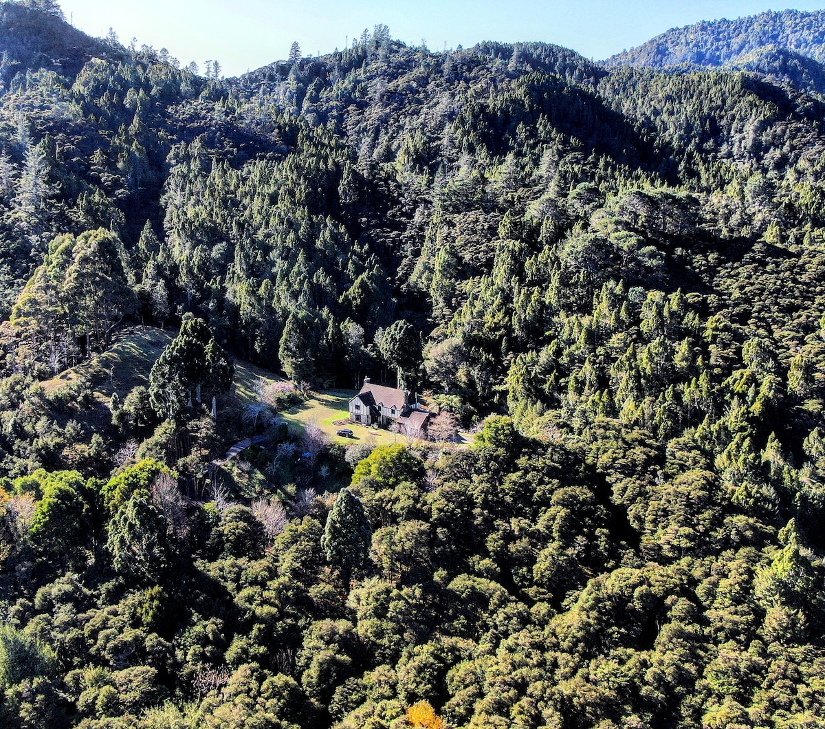 The property is nestled in a lush native forest, surrounded by dense greenery and rolling hills. A subtle road leads up to the house, which is situated harmoniously within the landscape, offering a serene view of the untouched wilderness.