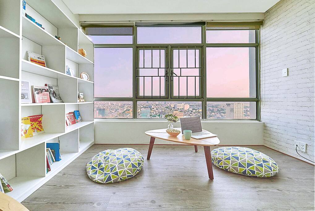 Reading corner. Giant window looks over the city.