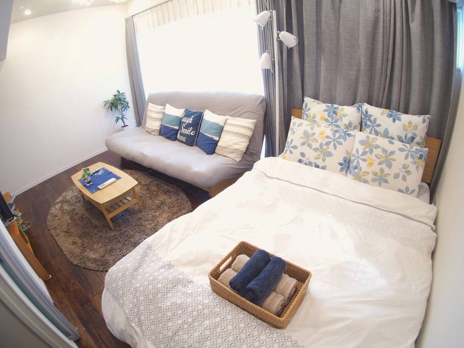 Cozy sofa and double bed