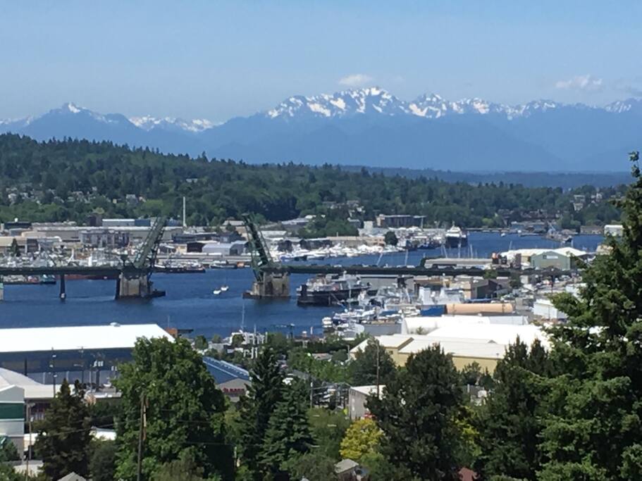 One of the views from penthouse deck, the Ballard bridge going up and the Olympic Mountains.