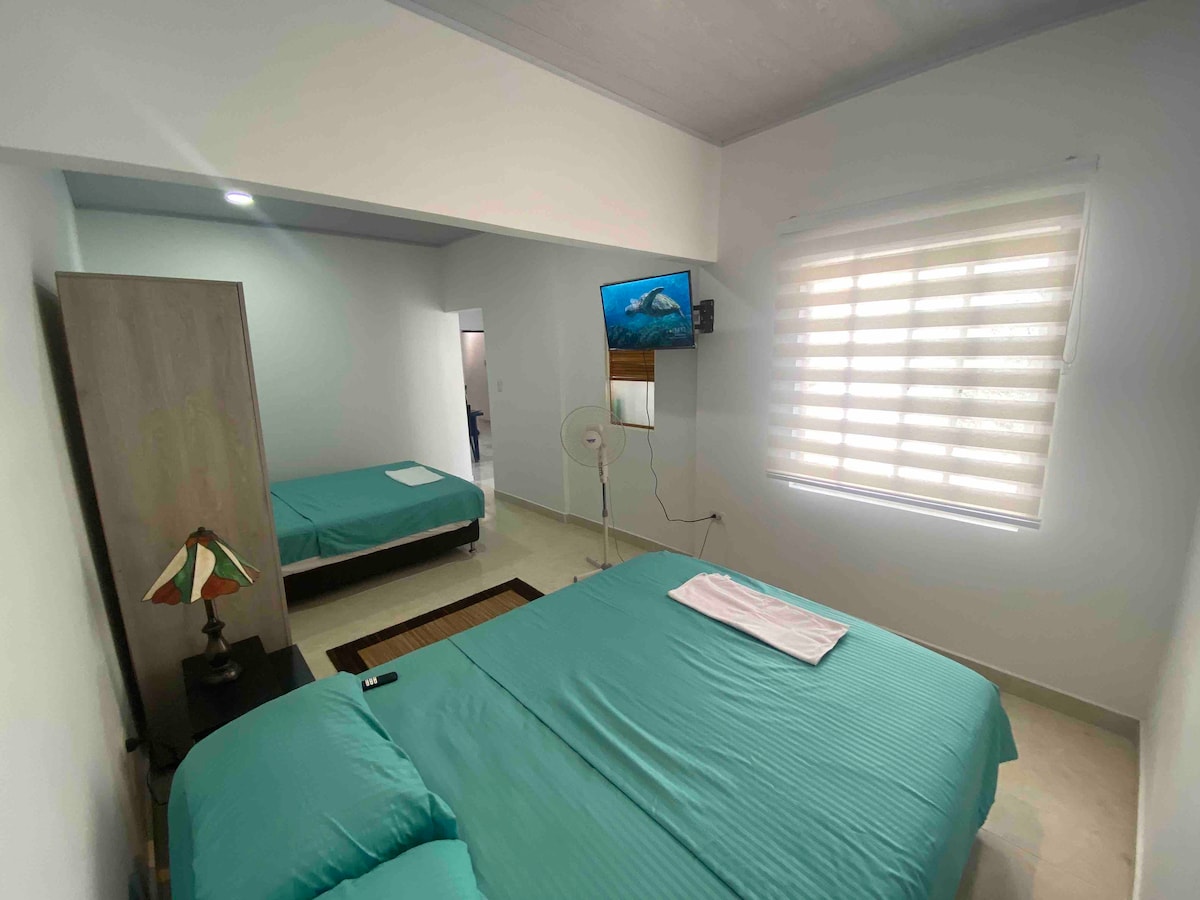 The bedroom features two semi-double beds covered with teal bedding and a single bed. A flat-screen TV is mounted on the wall, and a lamp decorates the nightstand. Light streams through the window, which is covered with horizontal blinds.