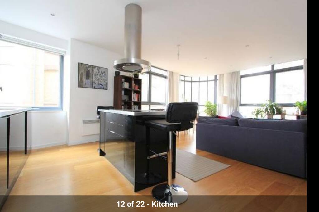 Kitchen: open plan with reception room. Kitchen is very spacious, fully equipped, and has an island for cooking on the stovetop.